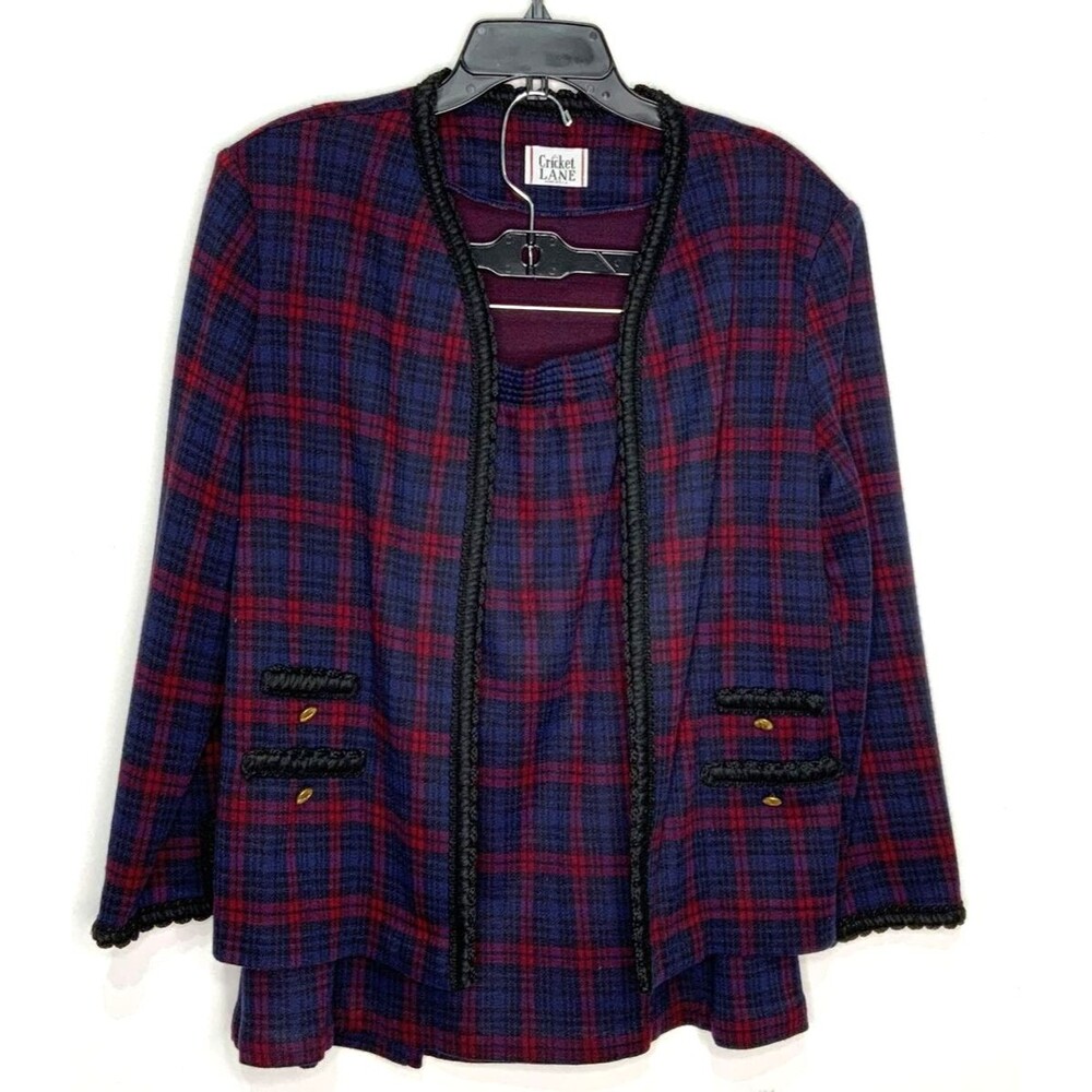 Cricket Lane Women's Pull-On Skirt Suit Open Jacket Plaid Blue Pink Size 14 / 18